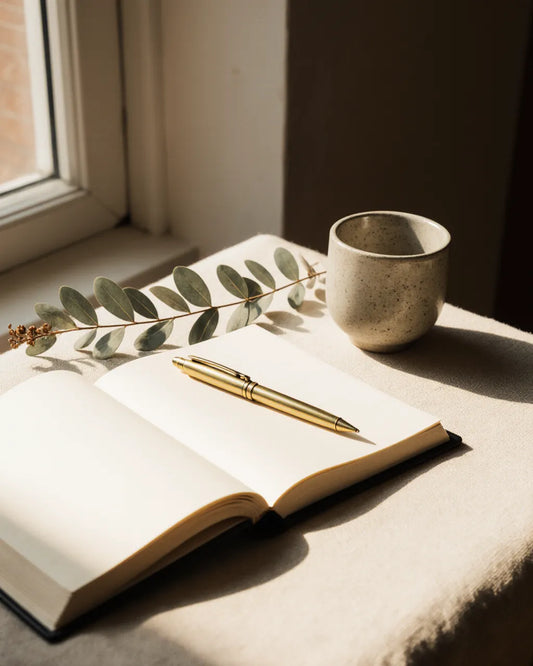 An open journal in warm window light — lived-in luxury