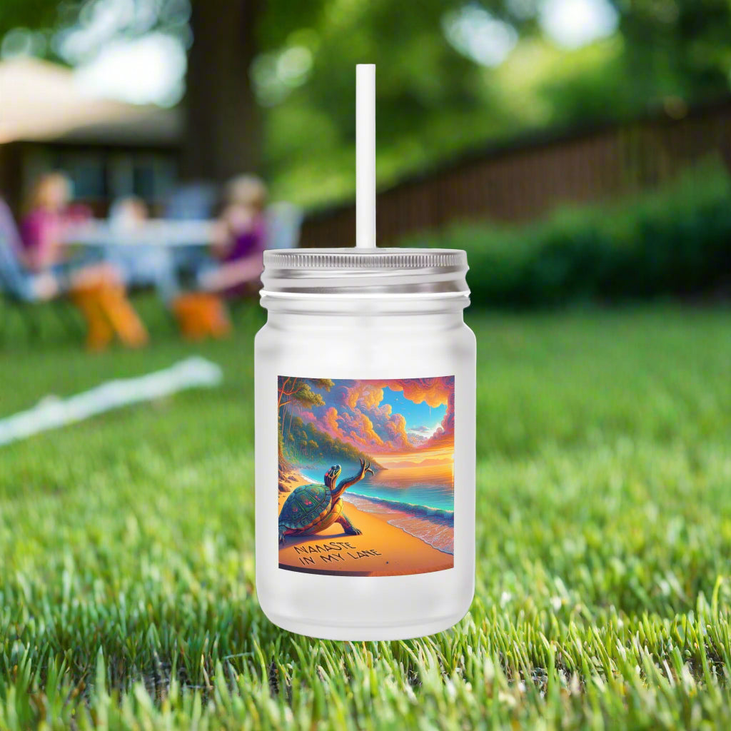 🐢 "Namaste Stay in My Lane" - Beach Vibes Frosted Mason Jar with Straw