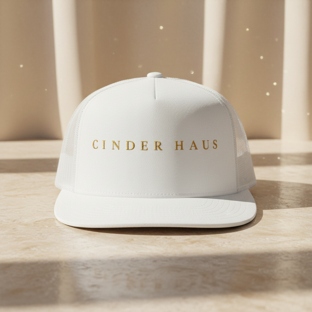 The Sovereign Snapback — structured black cap with gold CINDER HAUS embroidery, front view