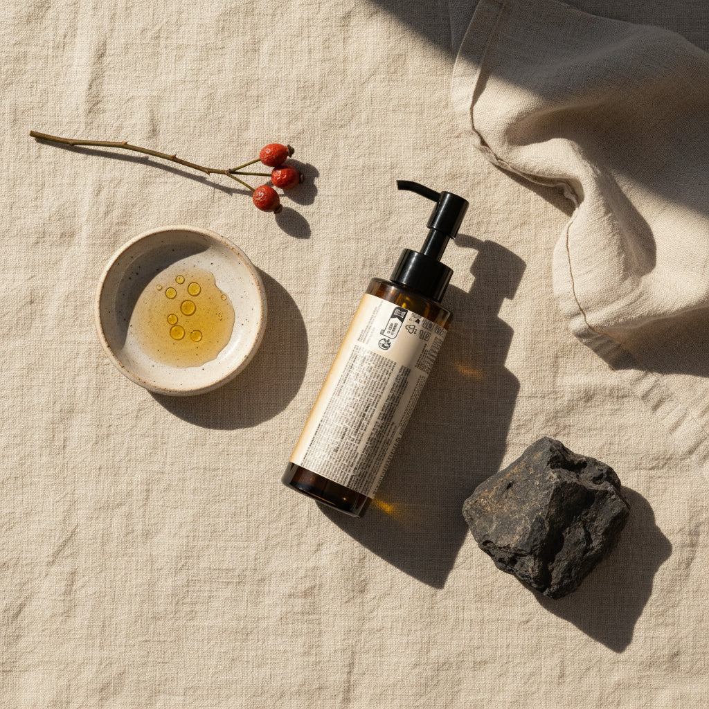 Cinder Haus body oil bottle detail — omega-rich blend of seven botanical oils for a post-shower glow ritual