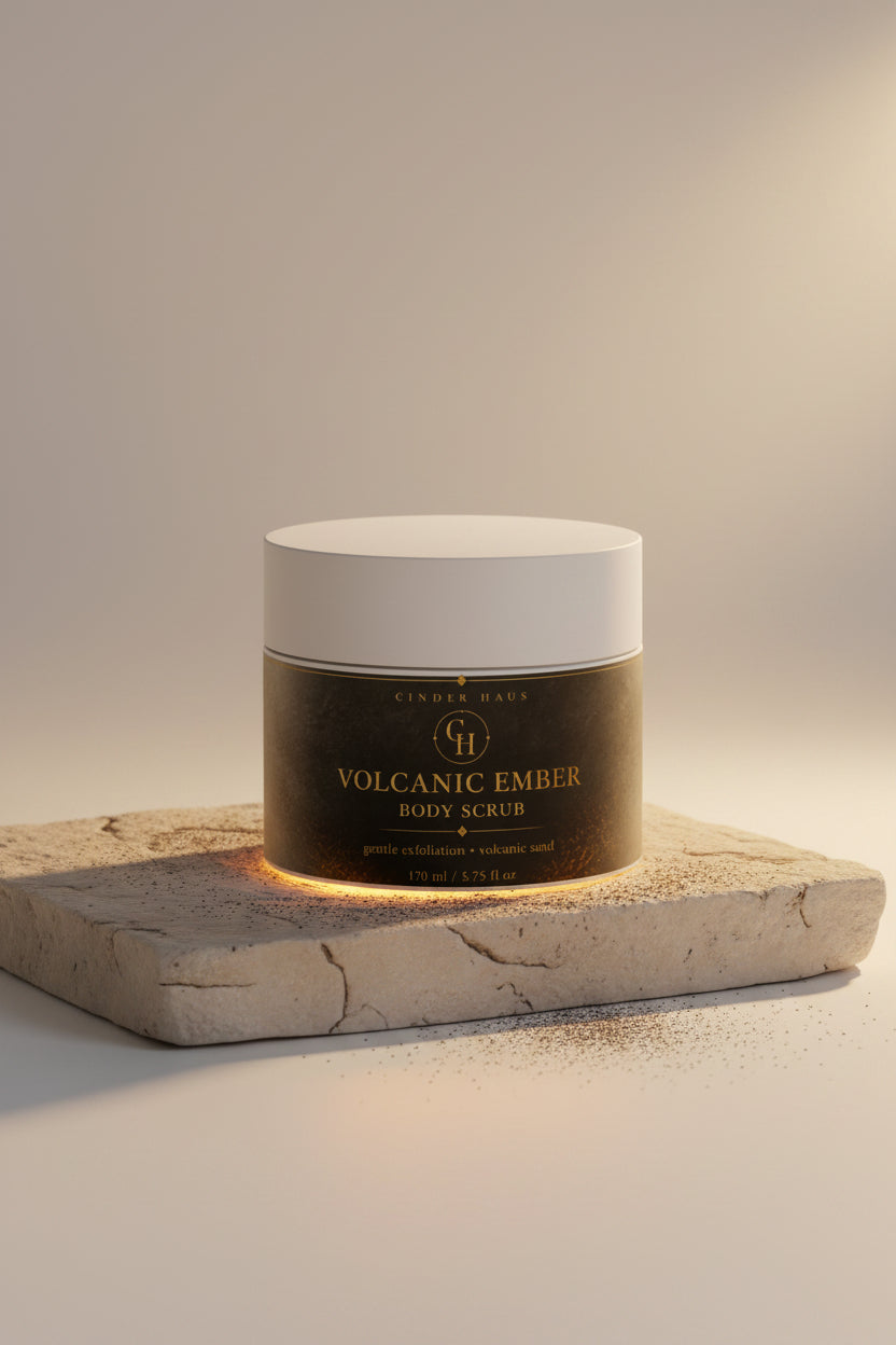 Cinder Haus Volcanic Ember Body Scrub jar with dark label and gold CH logo, displayed on a stone pedestal with warm amber ember glow