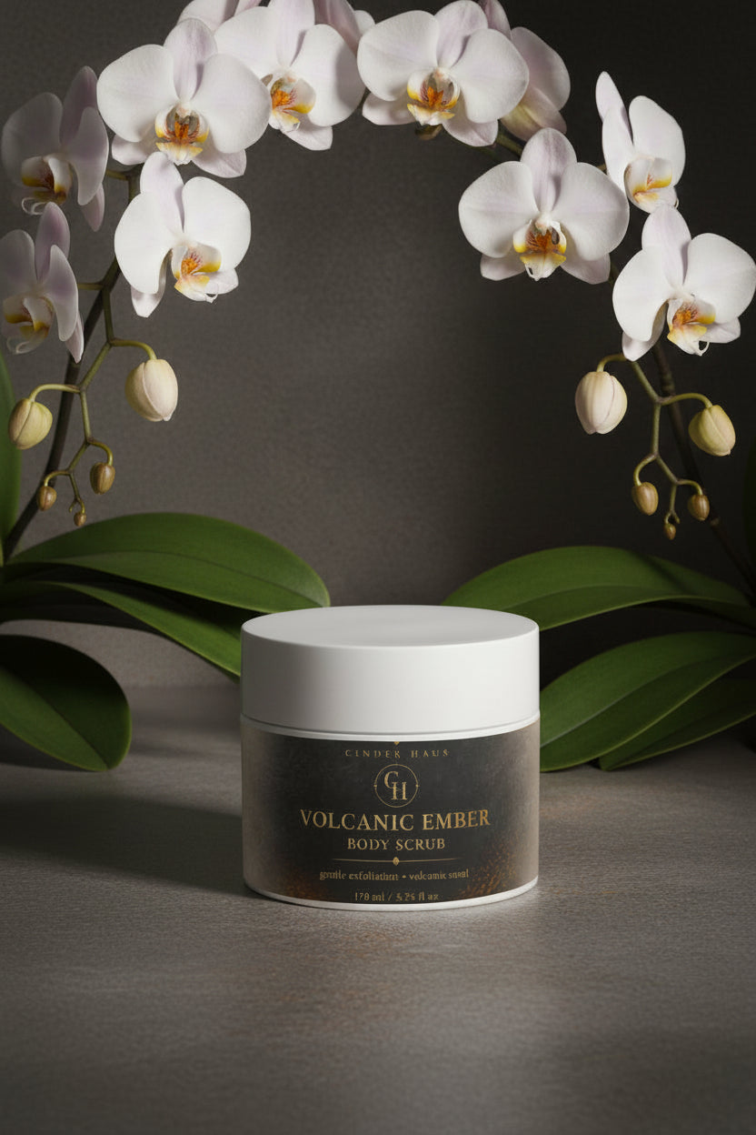 Volcanic Ember Body Scrub 170ml jar on neutral gray background — white lid, dark label with gold Cinder Haus branding