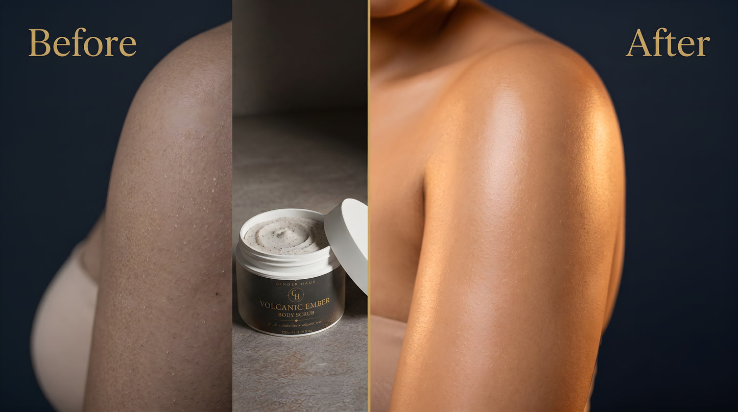 Before and after using Volcanic Ember Body Scrub — left shows dry rough skin, right shows visibly smoother, glowing radiant skin
