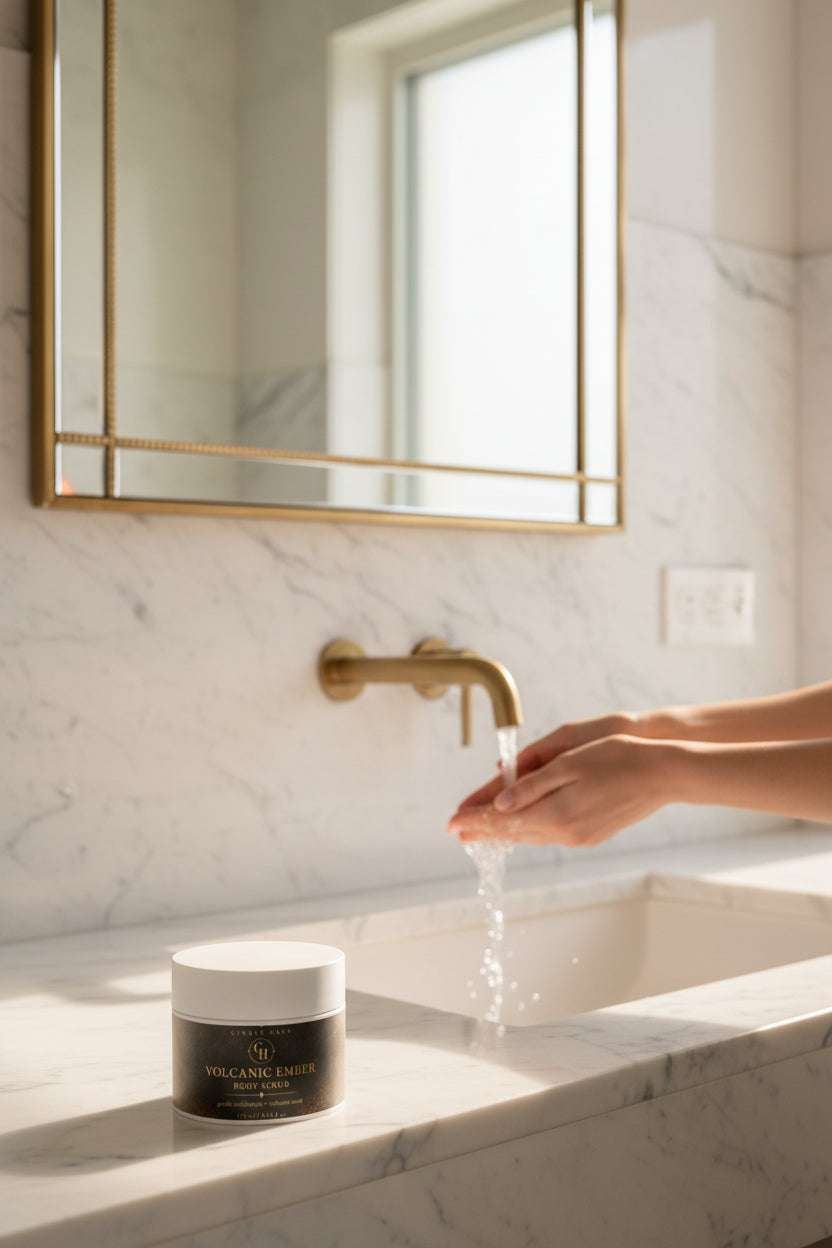 Volcanic Ember Body Scrub jar styled on a marble bathroom countertop — luxury body care ritual setting