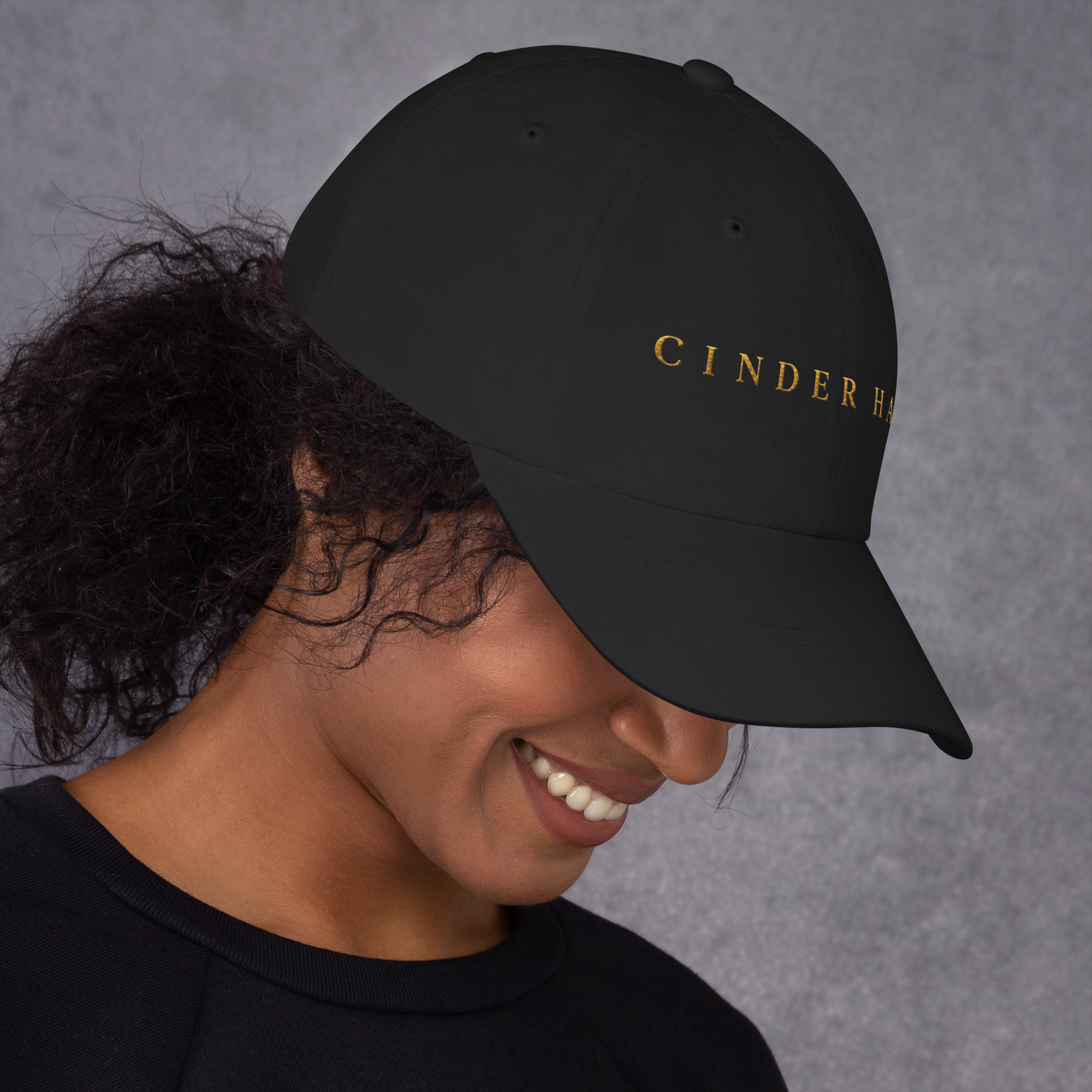 The Founder Cap in black — dad cap with gold CINDER HAUS embroidery, right side view