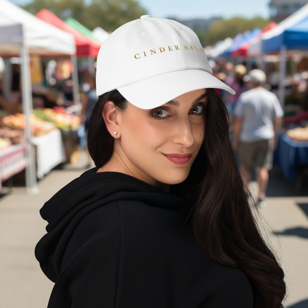 The Founder Cap in white — dad cap with gold CINDER HAUS embroidery, front view